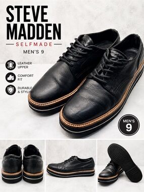 Steve Madden Selfmade Men’s Size 9 Black Leather Platform Oxford Dress Shoes